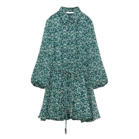 Zara Green Floral Boho Cottage Sheer Belted Whimsical Chiffon Flounce Dress LRG - Picture 1 of 16